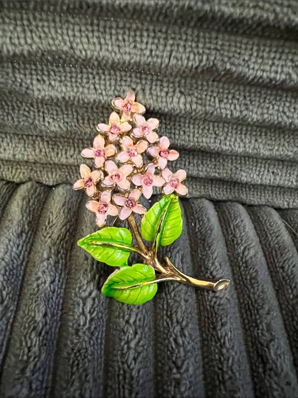 Vintage Rafaelian Pink Floral Enamel Brooch with Green Leaves